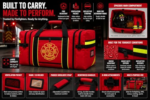 Firefighter Turnout Gear Bag – Heavy Duty Fire Resistant Equipment Duffel with Ventilation Pocket, Reflective Striping, Name Holder & Padded Shoulder Strap – Fireman Gear Bag (Red)
