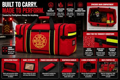 Firefighter Turnout Gear Bag – Heavy Duty Fire Resistant Equipment Duffel with Ventilation Pocket, Reflective Striping, Name Holder & Padded Shoulder Strap – Fireman Gear Bag (Red)
