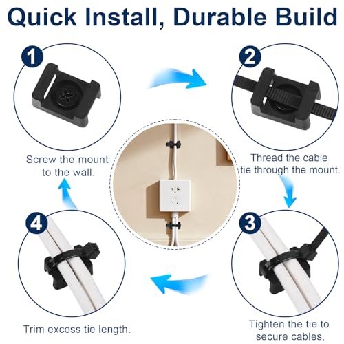 Premium Cable Zip Tie Mounts Kit - 60 Packs Wire Management Holder & Cable Clips, 8" High-Strength Nylon Ties & 5M Screws, Heavy Duty Fasteners for Wall/Desk, Indoor & Outdoor Cable Organizer