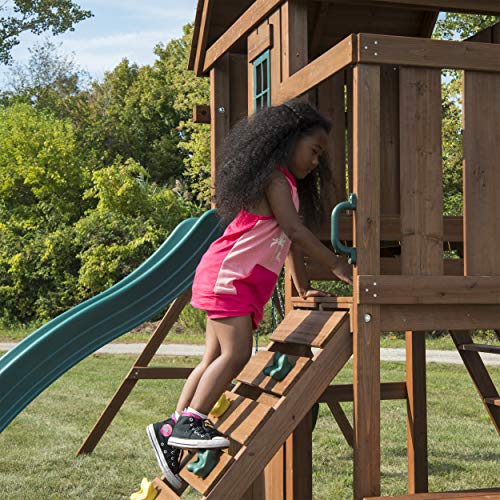 Swing-N-Slide Caribou Valley Wooden Swing Set with Wood Roof, Wave Slide, Monkey Bars, Climbing Wall, Ladder, Picnic Table, and Swings, Green Slide - size: Caribou Valley