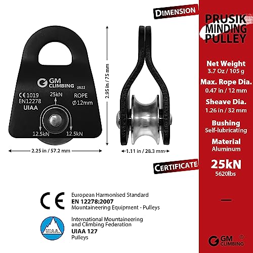 GM CLIMBING Micro Prusik Minding Pulley 25kN CE UIAA Certified 12mm Single Pulley Mobile Side Plates for Arborist Rigging Climbing Rescue - color: Pack of 2 | Black