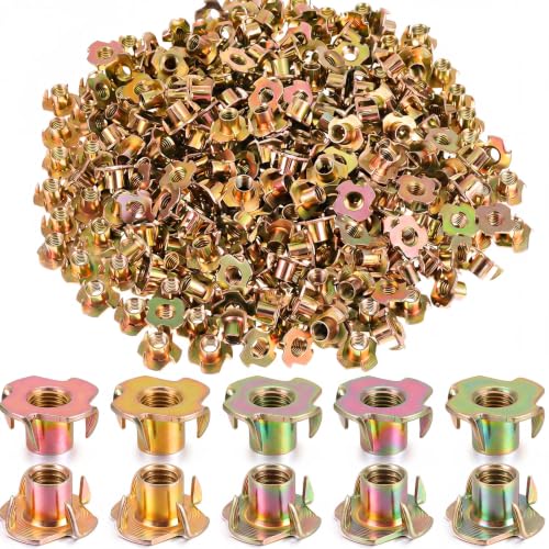 300 Pcs T-Nuts 3/8"-16, Zinc-Plated Steel Corrosion Resistant, 7/16" Barrel Length, 4-pronged Climbing Wall Tee Nut for Rock Climbing Holds, Wood, Cabinetry (Iridescent Zinc) - color: Iridescent Zinc