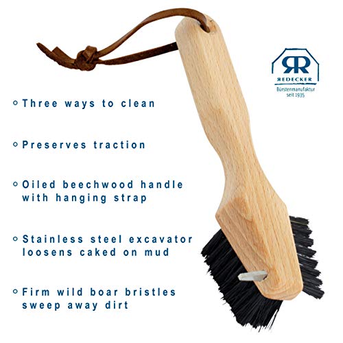 REDECKER Shoe Sole Brush - Wild Boar Bristle, Oiled Beechwood and Stainless Steel Design, 3 Ways to Clean, Made in Germany - Stiff Bristle Boot Brush