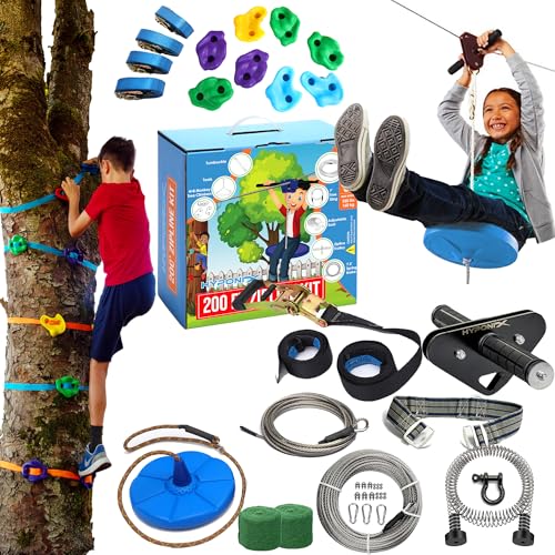 Zip Line Kit for Kids and Adults, 100/120/150/200 ft, Up to 350 Lbs, Removable Trolley, Rustproof Stainless Steel, Quick Setup with Ratchet, Safety Harness, Backyard Adventure Fun W/Climbing Holds - size: 200' Zipline Kit