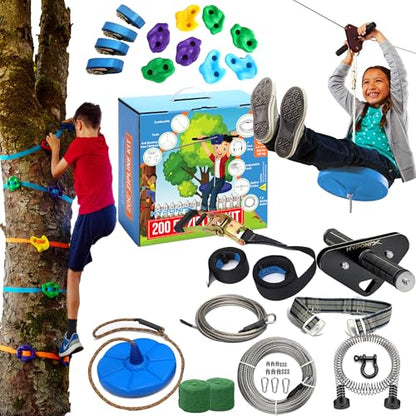 Zip Line Kit for Kids and Adults, 100/120/150/200 ft, Up to 350 Lbs, Removable Trolley, Rustproof Stainless Steel, Quick Setup with Ratchet, Safety Harness, Backyard Adventure Fun W/Climbing Holds - size: 200' Zipline Kit