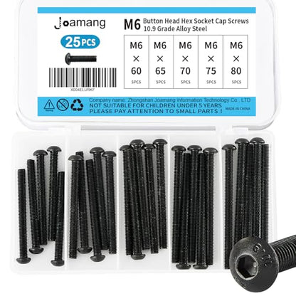 M6 x 60mm 65mm 70mm 75mm 80mm Button Head Socket Cap Screws Bolts, 10.9 Grade Alloy Steel, Black Oxide Finish, Metric Allen Hex Drive, Fully Threaded, Assortment Kit 25Pcs - size: Button M6x60-80mm