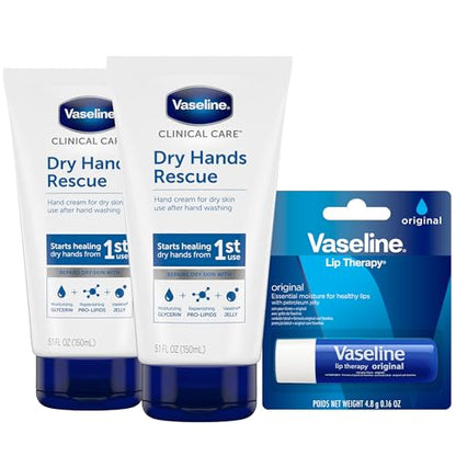 Vaseline Hand Cream, Dry Hands Rescue 2-Pack – Clinical Care Formula, Fragrance-Free, 5.1 Oz Ea + Lip Therapy Original Moisturizer for Lips, 0.16 Oz - size: 5.1 Ounce (Pack of 2)