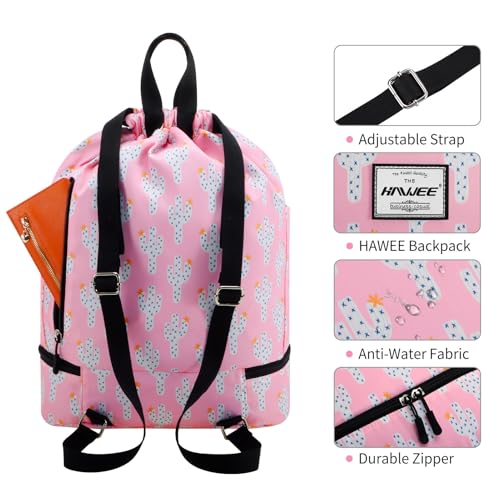 Dry Wet Drawstring Backpack with Shoe Compartment for Women Adjustable Gym Bag - color: Cactus Pink