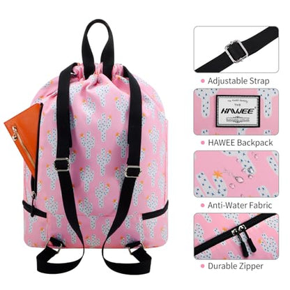 Dry Wet Drawstring Backpack with Shoe Compartment for Women Adjustable Gym Bag - color: Cactus Pink