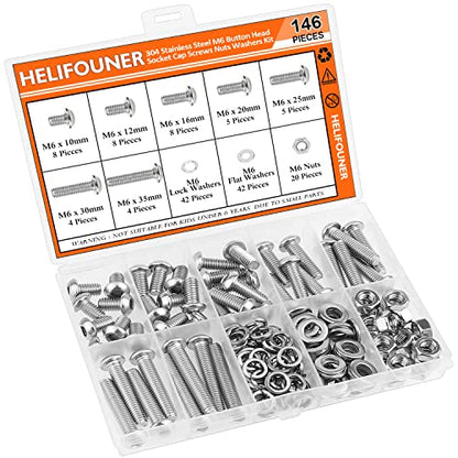 HELIFOUNER 146 Pieces M6 x 10mm /12mm /16mm /20mm /25mm /30mm /35mm, Button Head Socket Cap Screws Bolts Washers Nuts Kit, 304 Stainless Steel - size: M6, style: Button Head Screws