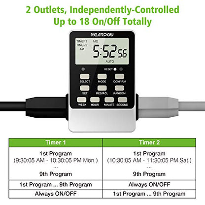 Outlet Timer, NEARPOW Dual Digital Light Timer with 2 Independently-controlled Outlets, 18 ON/OFF Programs, 24-Hour and 7-Day Programmable,Indoor Heavy Duty Electrical Timer Switch, 3 Prong, 15A/1800W | 18 ON/OFF Programs, 24-Hour Weekly Heavy Duty 15A/18