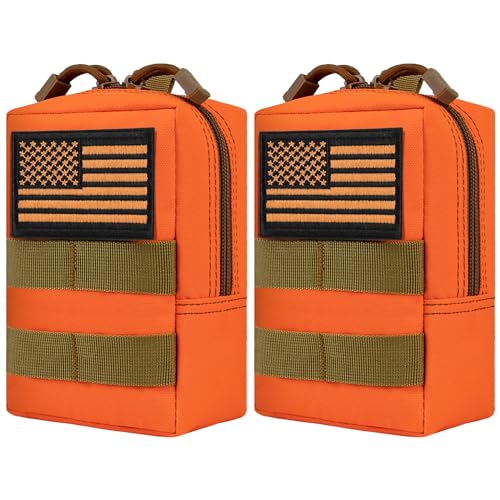 2 Pack Tactical Molle EDC Pouch Multi-Purpose Compact Pack Water-Resistant Utility Pouch with Flag Patch - color: Orange
