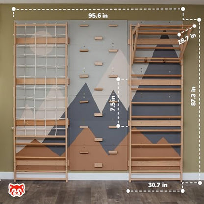 Wood And Hearts Modular Swedish Wall Gym Set for Kids Indoor Active Play – Wooden Swedish Ladder with Adjustable Pull-Up Bar, Rope Climbing Wall & Rock Climbing Panels (Base Set) - style: Base Set