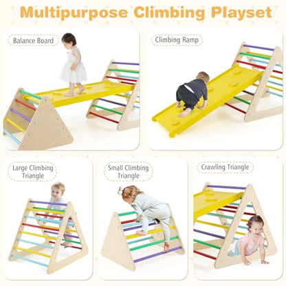 HONEY JOY Pikler Triangle Set, 5 in 1 Montessori Wooden Triangle Climber w/ 2 Stackable Ladders & Climbing Ramp, 3-Piece Baby Indoor Playground Jungle Gym, Climbing Toy for Toddlers, Colorful - style: 5 In 1 Yellow