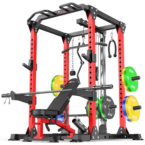 Power Rack Power Cage Multi-Function Squat Rack with Cable Crossover System Selectable More Training Attachment Power Rack for Garage & Home Gym - color: Red, size: D set L01+Weight Bench+（pole+Color BP）258LBS