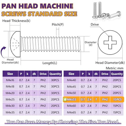 15Pcs M4x55mm Phillips Pan Head Machine Screws Kit 304 SS for DIY | Full Thread, Anti-Rust & Anti-Corrosion, For Furniture Repair, Electronics & 3D Printer Small Models, Storage Case Included - size: M4x55mm