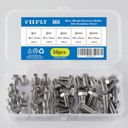 M6-1.0 Hex Head Screw Bolts - 14/16/20/25/30mm Length Kit, 304 Stainless Steel(A2-70), Bright Finish, Fully Threaded, Hexagon Head Bolts,Quantity 50-Piece Set - size: 304-Hex-M6-14-30mm（50pcs）