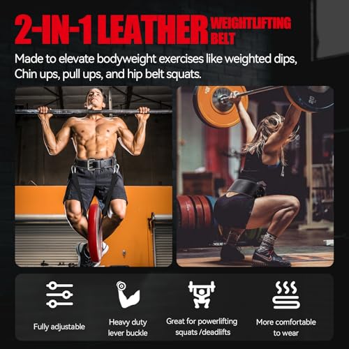Jaffick Leather Weight lifting belt & 2-in-1 Dip Belt with Rope for Weightlifting Pull Up Gym Powerlifting Squat Bodybuilding Waist Support for Men Women - size: L