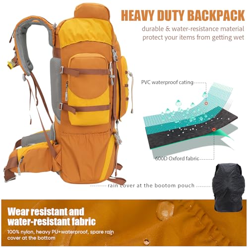 Bseash 70L (65+5) Waterproof Hiking Camping Backpack with Rain Cover, Outdoor Sport Travel Daypack for Climbing Touring (Yellow) - color: Yellow