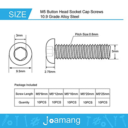 M5 x 8mm 12mm 16mm 20mm 25mm Button Head Socket Cap Screws Bolts, 10.9 Grade Alloy Steel, Black Oxide Finish, Metric Allen Hex Drive, Fully Threaded, Assortment Kit 50Pcs - size: Button M5x8-25 mm