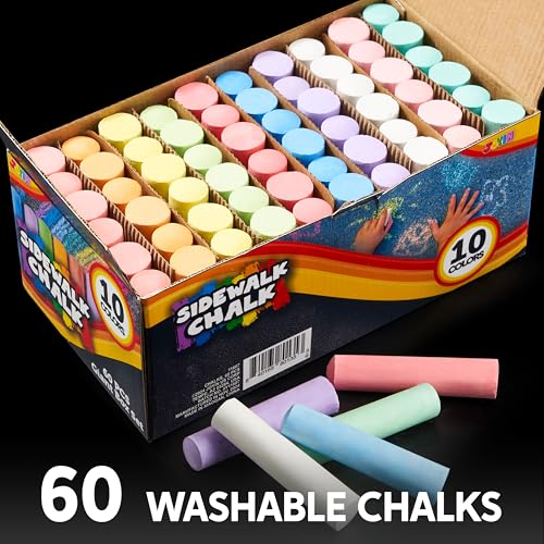 JOYIN 60 PCS Sidewalk Chalk Set (10 colors), Non-Toxic Washable Outdoor Jumbo Chalk Set for Painting on Chalkboard, Art Play and Playground Toy