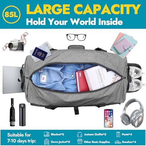Canway 85L Travel Duffel Bag, Foldable Weekender Bag with Shoes Compartment for Men Women Water-proof & Tear Resistant - color: Textured Grey, size: 85L