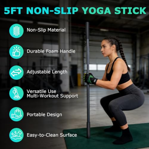 5ft Adjustable Yoga Stick, Non-Slip Multi-Functional Mobility Fitness Stick with Exercise Guide for Stretching, Physical Therapy, Pilates,Muscle Recovery，Home Workout