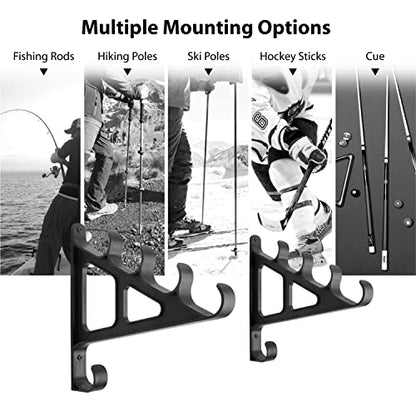 Horizontal Fishing Rod Rack Rod Holders for Wall Storage - Wall Mounted Fishing Rod Rack with Hook,Holds 4 Rods, Space Saving for Fishing Rods，Hiking Poles, Ski Poles, Hockey Sticks and Cue