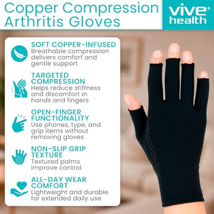 Vive Copper Infused Fingerless Arthritis Compression Gloves (Pair) - Relief | For Men, Women, Rheumatoid, Swelling, Carpal Tunnel, Tendonitis, Edema, Hand & Finger Pain - Comfortable Non-Slip (Medium) - size: Medium