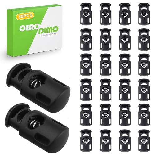 35Pcs Plastic Cord Locks, Black Spring Toggle Stoppers for Drawstrings, Shoelaces, Paracord, Clothing, and Bags, Elastic Cord Adjuster Clips