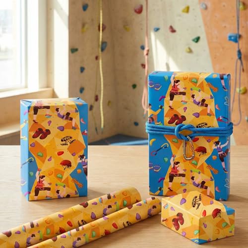 Liobelon Rock Climbing Wrapping Paper Roll – 17" x 16.5 Ft Climbing Gear Gift Wrap with Climbers, Carabiner, Rope & Chalk Bag, Bouldering Birthday Supplies for Outdoor Adventurers - color: Rock Climbing