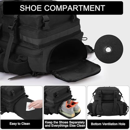 LHI Military Tactical Backpack for Men and Women 45L Army 3 Days Assault Pack Bag Large Rucksack with Shoe Compartment - color: 1.0 Black