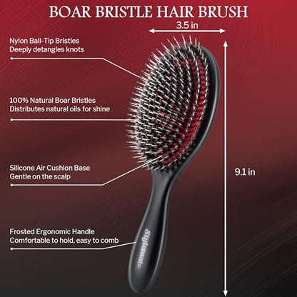 STYLEMATE Boar Bristle Hair Brush for Women Men, Stiff Nylon Pins and Natural Soft Boar Bristles for Thick & Fine Hair,Not waterproof - Large Paddle Smoothing Hairbrush for Detangling, Defining, Shine