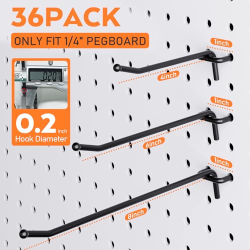 INCLY 36 Pack 4/6/8 Inch Heavy Duty Pegboard Hooks for Hanging Tools | Black 1/4" Peg Board Shelving Hooks Accessories, Peg Board Tool Hangers Fit 1/4" Pegboard, For Garage, Store Organization - size: 36PCS