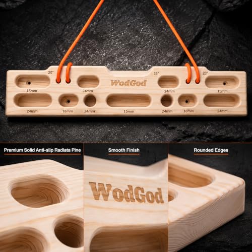 WodGod Radiata Pine Hangboard Non-Slip Portable Wood Climbing Fingerboard, 8 Grip Positions Portable Wall Mount & Hanging Finger Strength Trainer for Rock Climbing, All Skill Levels