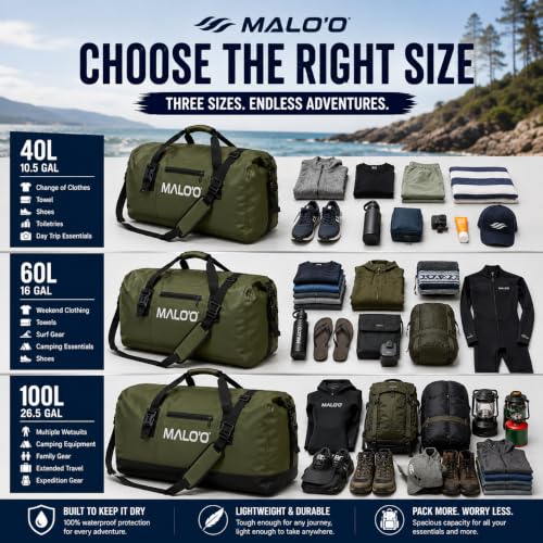 Malo’o Waterproof Dry Duffel, Heavy-Duty Roll Top Waterproof Gear Bag with Shoulder Strap & Molle Loops, Marine Duffel for Kayaking, Boating, Camping, Beach & Travel, Black, 60L - color: Black, size: 60L