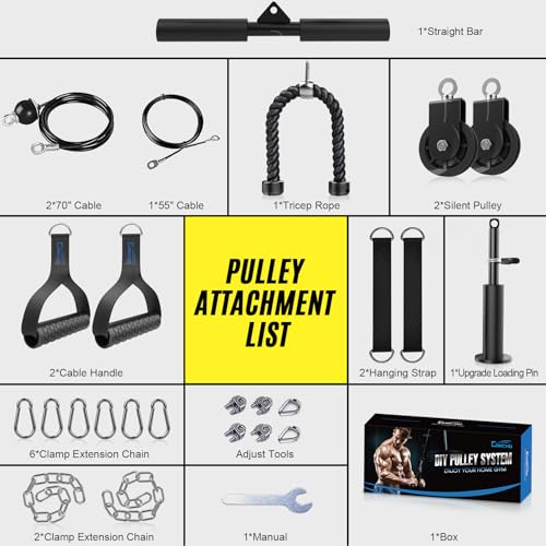 Concho Weight Pulley System, Upgraded Cable Pulley System Gym with Adjustable Weight Cable&Detachable Handles, Workout Pulley System for LAT Pulldown Triceps Biceps Curl Chest Home Gym Attachments