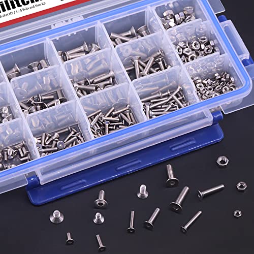 Hilitchi 510pcs M3 M4 M5 Stainless Steel Flat Head Hex Socket Head Cap Bolts Screws Nuts Assortment Kit - 304 Stainless Steel (Flat Head) - style: Flat Head