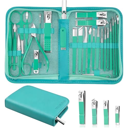 MINKINH 26-Piece Travel Manicure Set, Portable Nail Kit for Men and Women | Carbon Steel Nail Clippers, 410 Stainless Steel Tools, PU Storage Case for Luggage, Backpack, Gym Bag and On-the-Go Care - color: Green