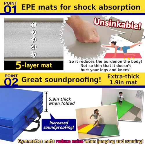 KaRaDaStyle Gymnastics Mat Folding Stretch Mats 71"x31"x2" Exercise Muscle Training Children Play Horizontal Bar Mat Yoga Sports Soundproof Home Use - color: Purple/3-fold
