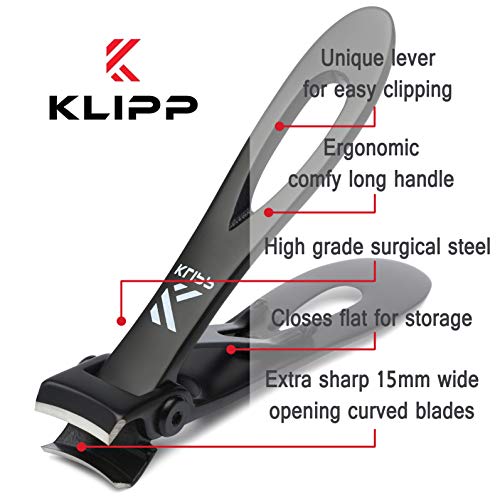 Toenail Clippers for Thick Toenails – KLIPP 15 mm Wide Jaw Thick Fingernail and Toenail Cutter with Curved Stainless-Steel Blades for Seniors – Podiatry Tool for Manicure Pedicure Toe Nail Care - size: Wide Opening