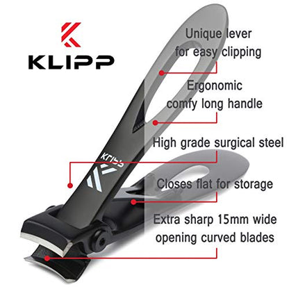 Toenail Clippers for Thick Toenails – KLIPP 15 mm Wide Jaw Thick Fingernail and Toenail Cutter with Curved Stainless-Steel Blades for Seniors – Podiatry Tool for Manicure Pedicure Toe Nail Care - size: Wide Opening