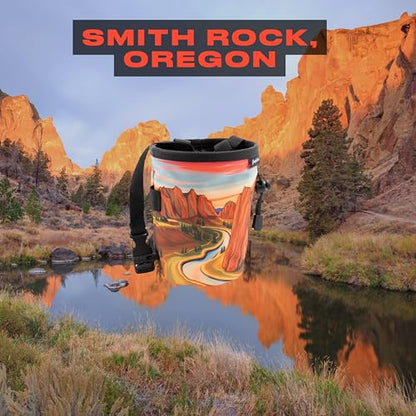 Rock Climbing Chalk Bag | for Outdoor, Gym, & Bouldering | Adjustable Waist Belt, Durable Drawstring Closure, & Zippered Pocket - style: Smith Rock