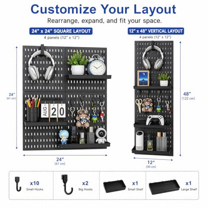 Pegboard Wall Organizer Kit – Heavy Duty 20lbs Load Bearing, Easy Installation, 4 Peg Board Panels 14 Accessories – Multi-Surface Use For Garage, Office, Kitchen & Crafts (Black Pegboard,24″×24″) | 24 x 24 Inch Modular Peg Board Panels with 14 Accessories