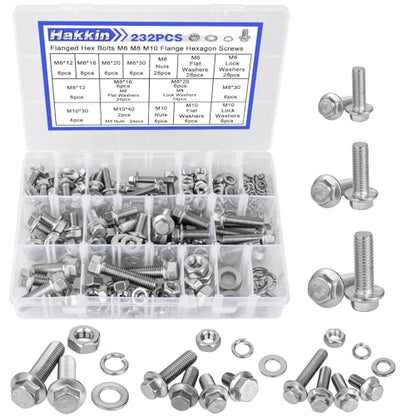 Hakkin 232Pcs Flange Hex Bolts and Nuts Kit M6 M8 M10 Metric Bolt Assortment, 304 Stainless Steel Metric Hex Bolt, M6-1.0 M8-1.25 M10-1.5 Flange Screw Set Nuts and Bolts Assortment Kit - size: 232PCS M6 M8 M10 Flanged Bolts Silver