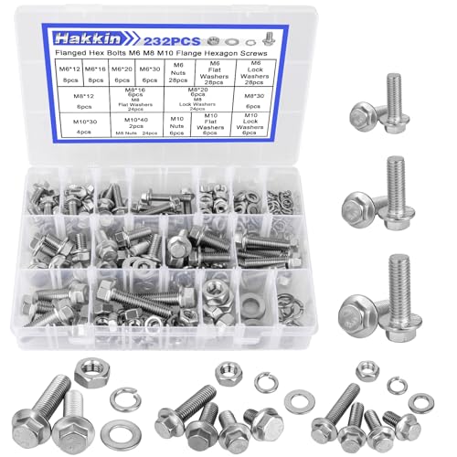 Hakkin 232Pcs Flange Hex Bolts and Nuts Kit M6 M8 M10 Metric Bolt Assortment, 304 Stainless Steel Metric Hex Bolt, M6-1.0 M8-1.25 M10-1.5 Flange Screw Set Nuts and Bolts Assortment Kit - size: 232PCS M6 M8 M10 Flanged Bolts Silver