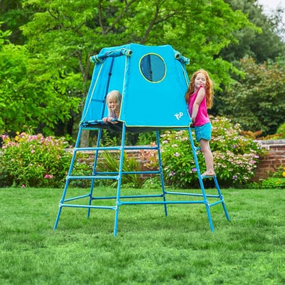 Explorer 2 Jungle Gym Climbing Set with Adjustable Steel Frame, Weather-Resistant Canopy & Platform, Outdoor Playset and Playground Equipment for Kids Ages 3-12, 220 lbs Capacity