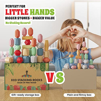 36 Pcs Wooden Stacking Blocks – Montessori Toys for 1 2 3 4 5 6 Year Old Toddlers and Kids, XL Rocks, No Choking Hazard – Sensory STEM Building Stones, for Girls and Boys - size: 36 XL Rocks