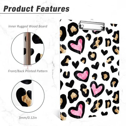 Rimilak Wood Clipboard, 8.5x11 Hardboard Clip Board, Heart Leopard | Fun Design, Cute Custom Pattern, 9 x 12.5 in Letter Size for Classroom, Teachers, Kid, Woman, School & Office Supply - color: Heart Leopard