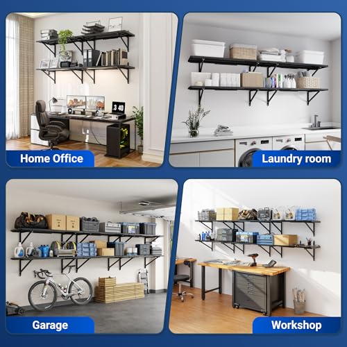 FLEXIMOUNTS 2-Pack 1x6ft Garage Shelving 14-inch-by-68-inch Perforated Wall Shelf, Heavy Duty Garage Storage Rack with 1400 lbs Load Capacity, Wall Mounted Organization System for Tools, Heavy Bins - size: 14" x 68"